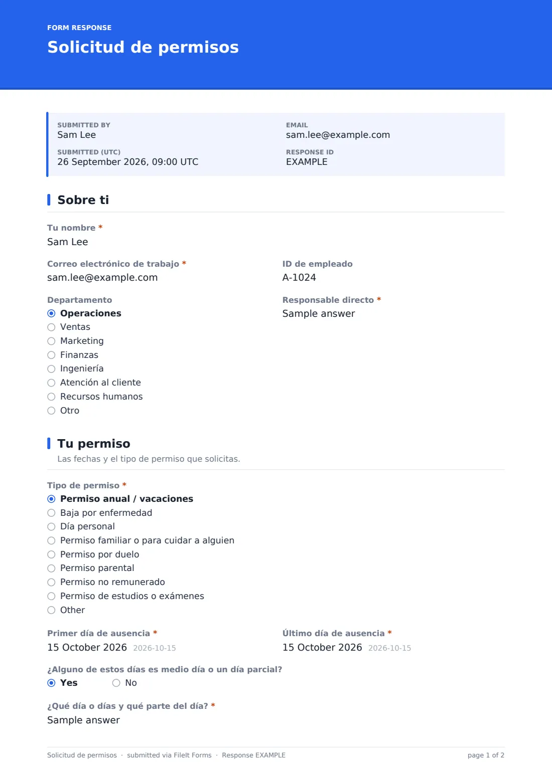 Solicitud de permisos — PDF de respuesta de ejemplo, página 1 de 2