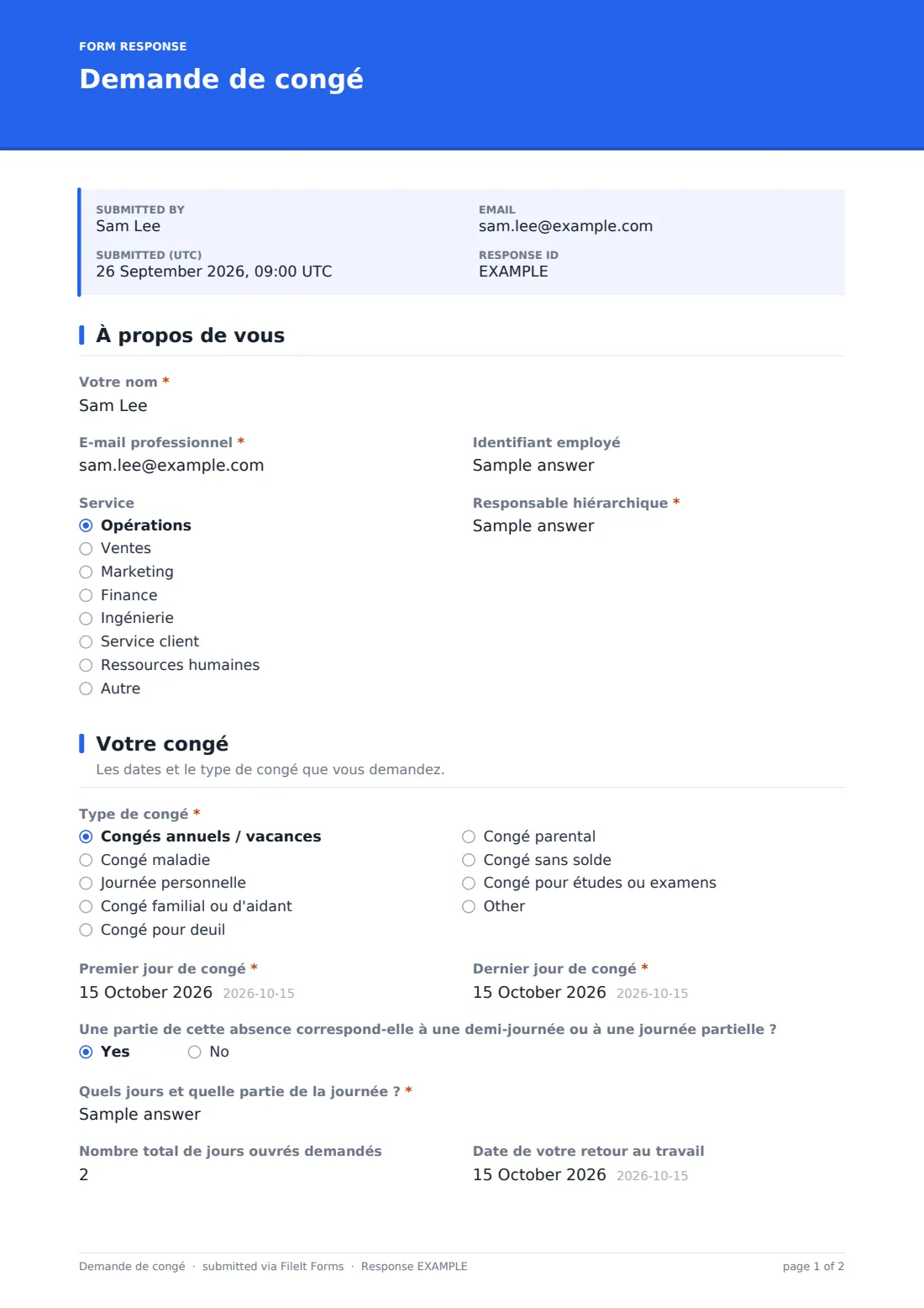 Demande de congé — exemple de réponse au format PDF, page 1 sur 2