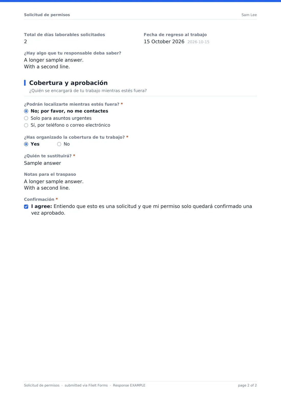 Solicitud de permisos — PDF de respuesta de ejemplo, página 2 de 2