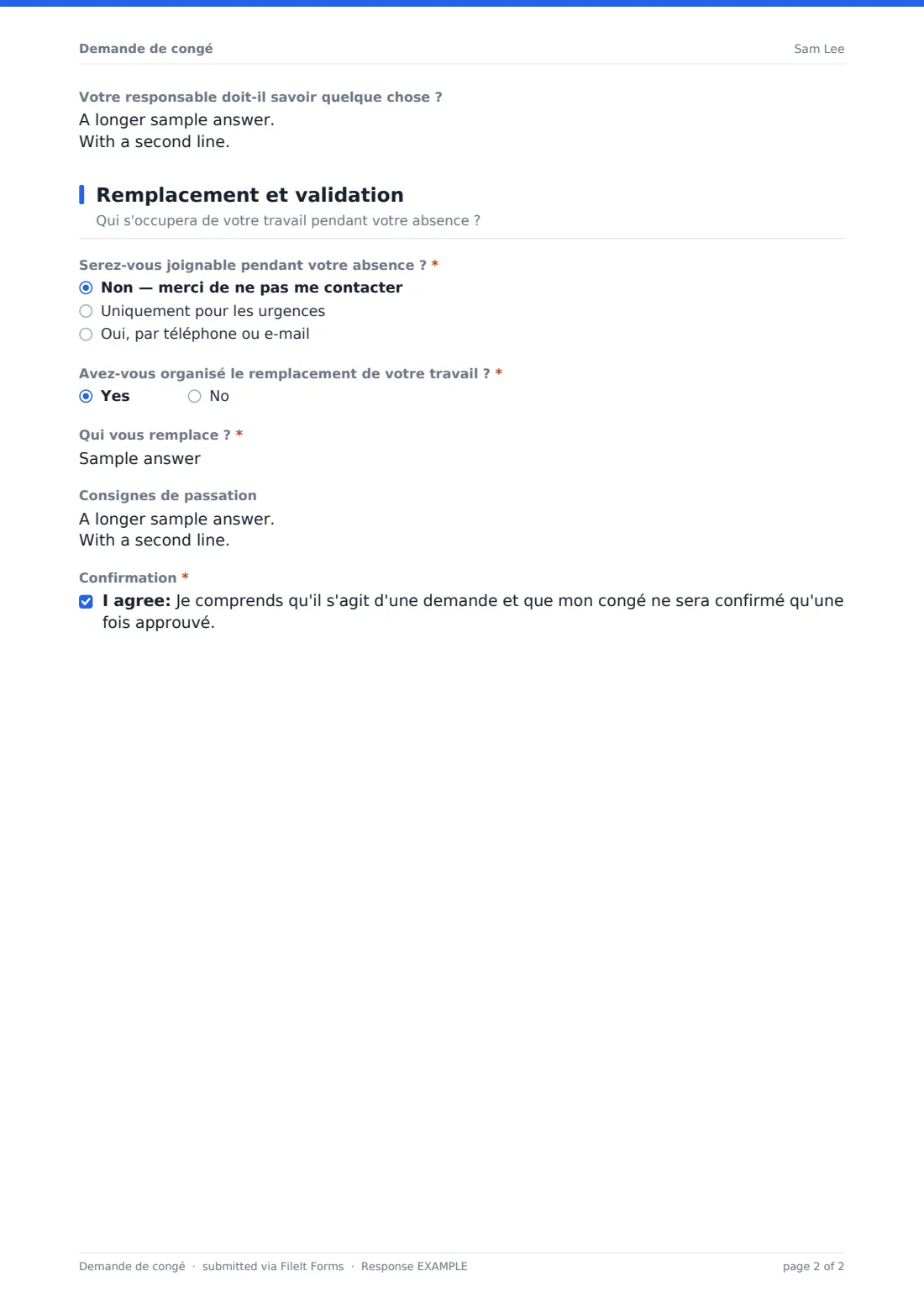 Demande de congé — exemple de réponse au format PDF, page 2 sur 2