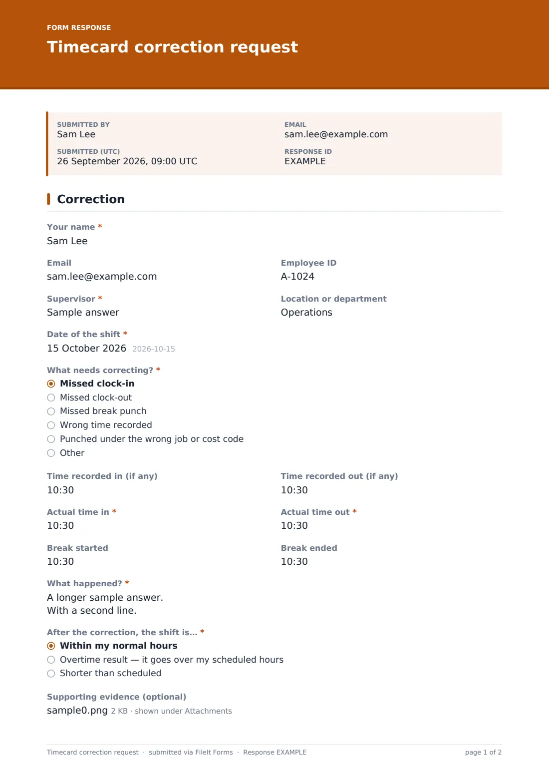 Timecard correction request — example response PDF, page 1 of 2