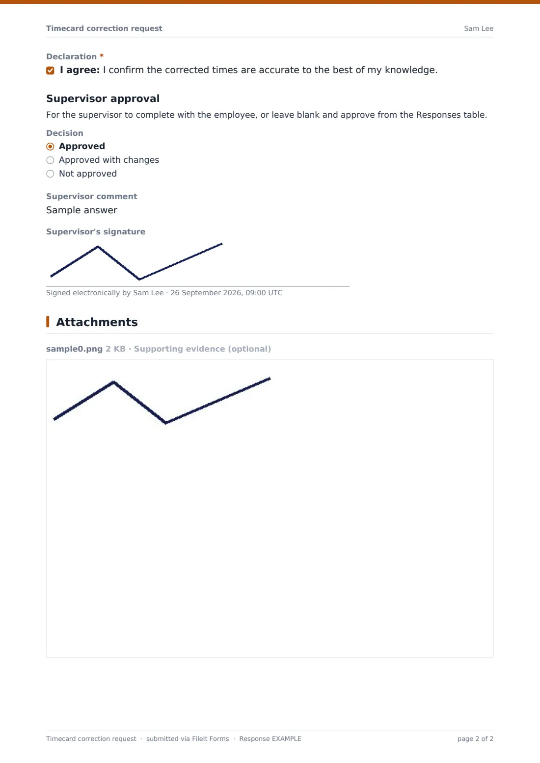 Timecard correction request — example response PDF, page 2 of 2