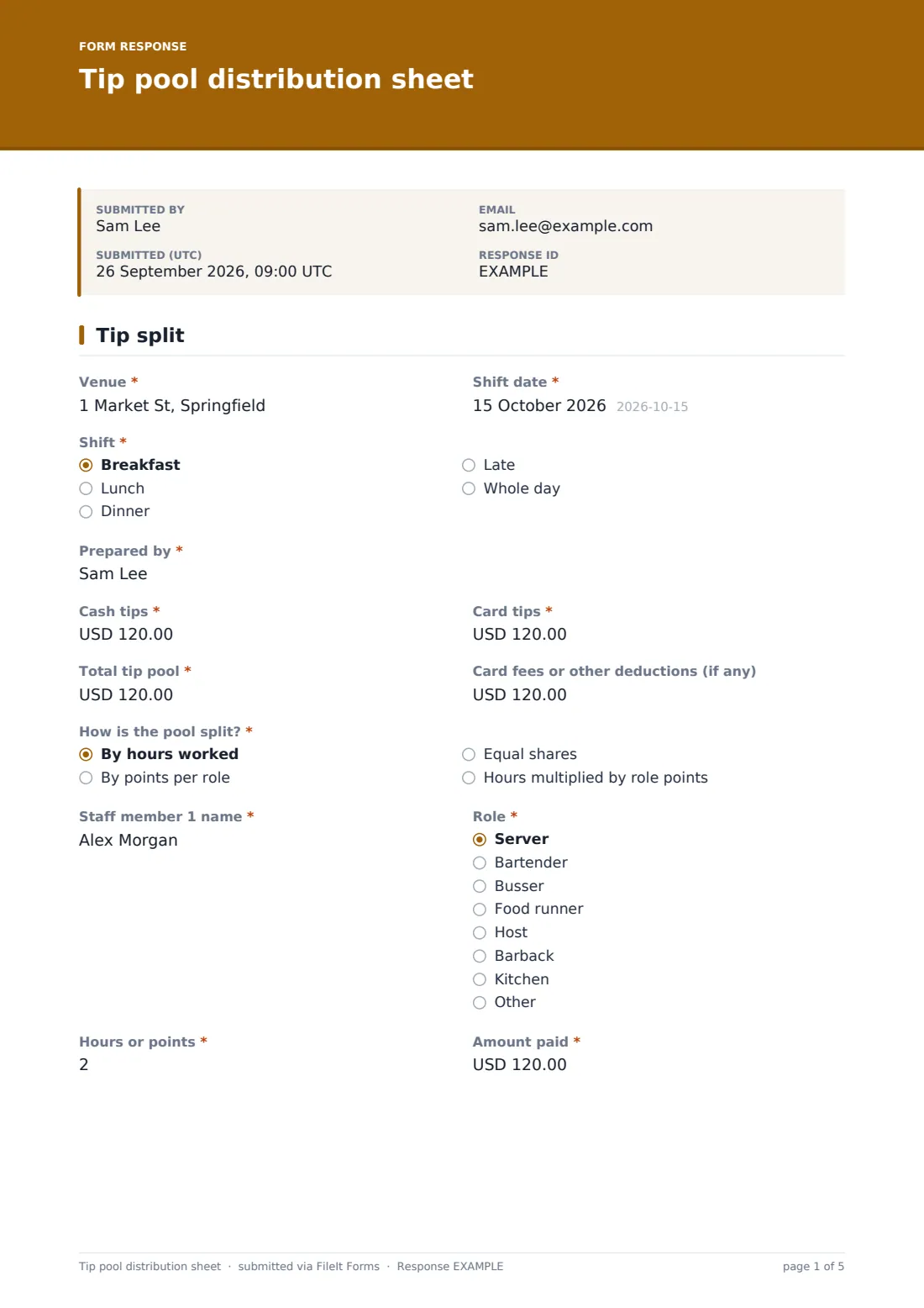 Tip pool distribution sheet — example response PDF, page 1 of 5