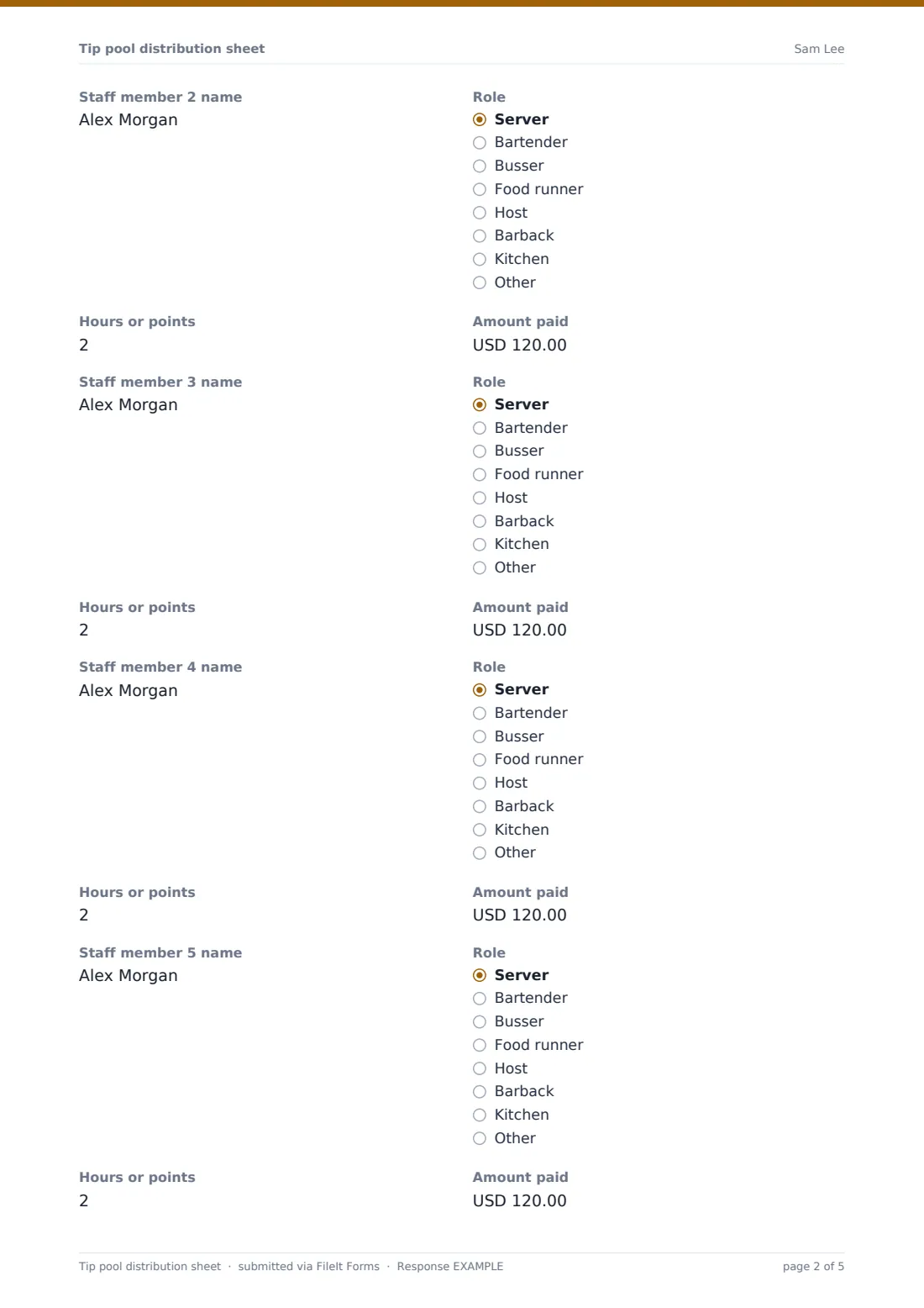 Tip pool distribution sheet — example response PDF, page 2 of 5