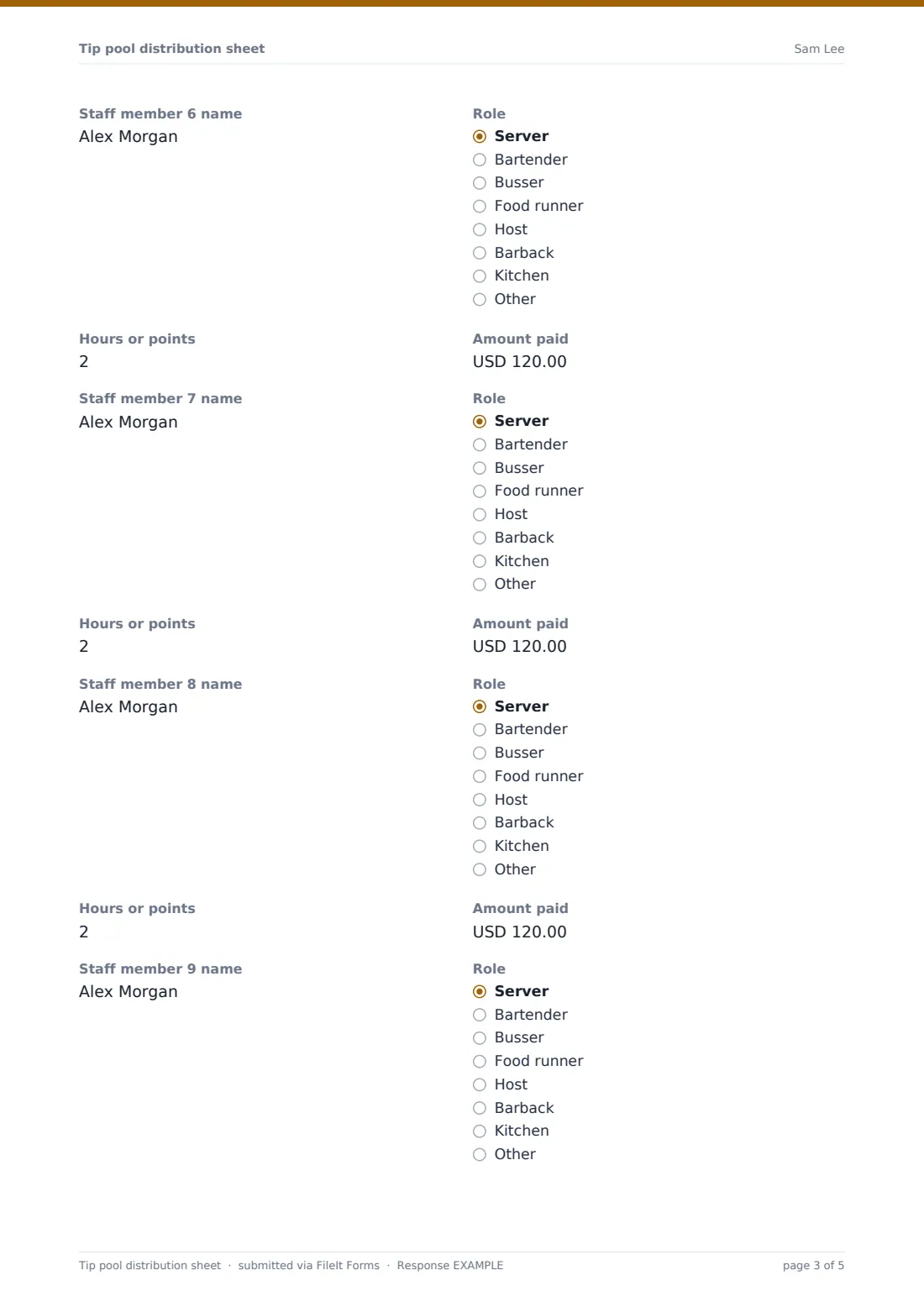 Tip pool distribution sheet — example response PDF, page 3 of 5
