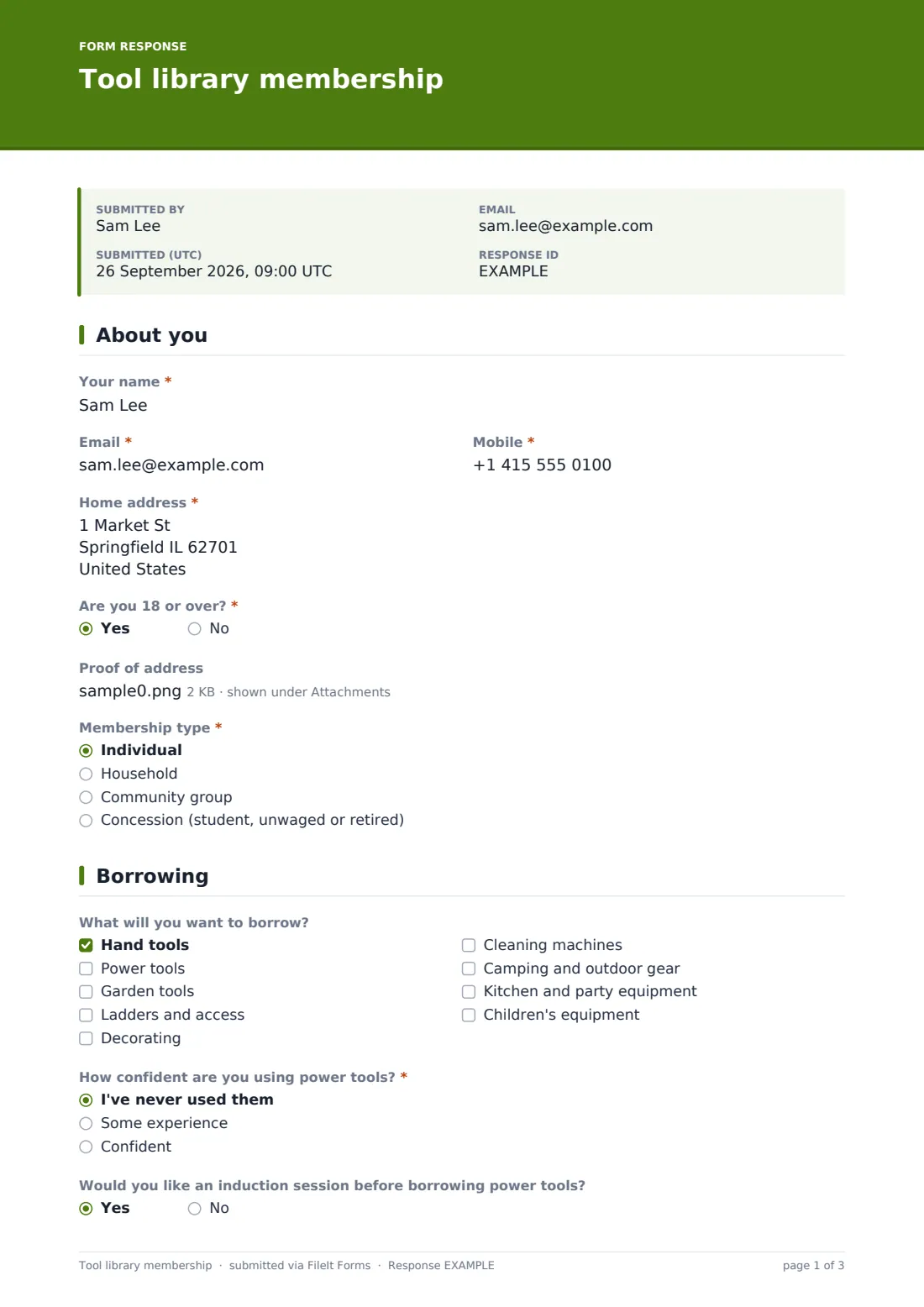 Tool library membership — example response PDF, page 1 of 3