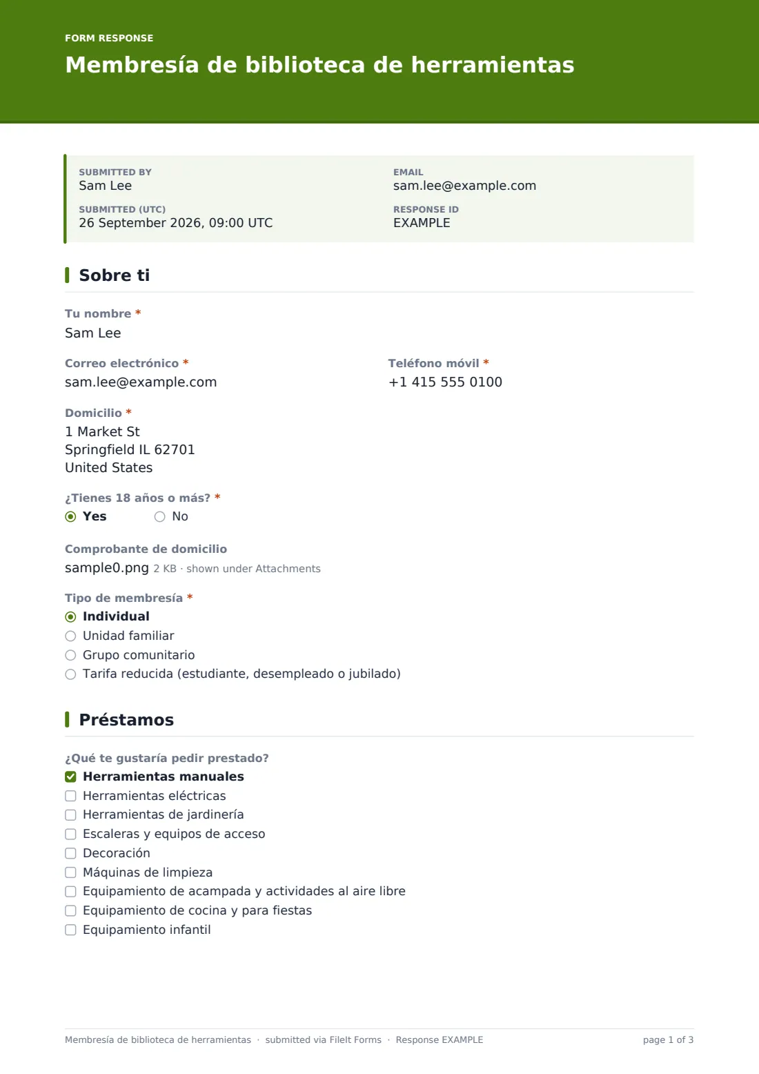 Membresía de biblioteca de herramientas — PDF de respuesta de ejemplo, página 1 de 3