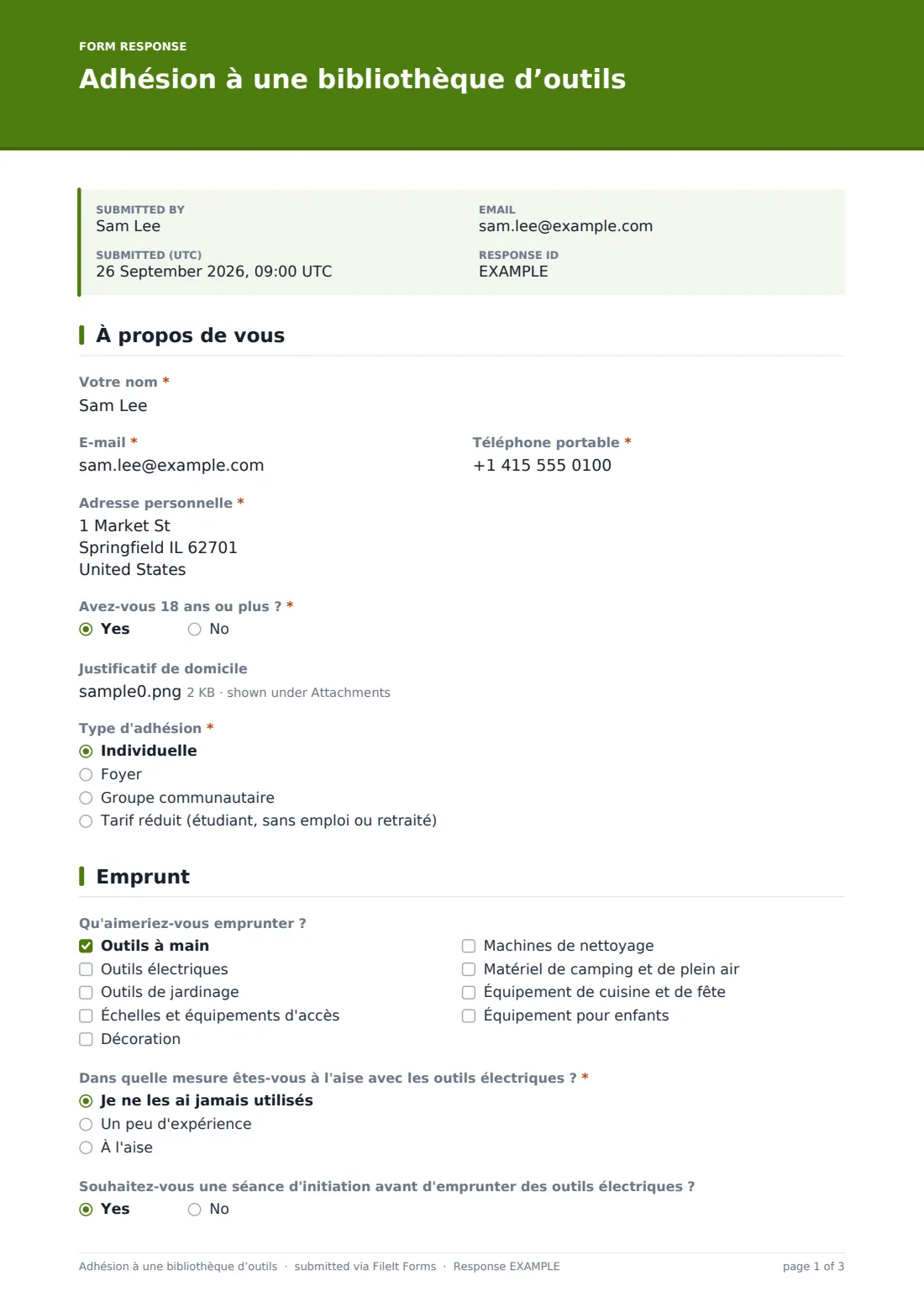 Adhésion à une bibliothèque d’outils — exemple de réponse au format PDF, page 1 sur 3