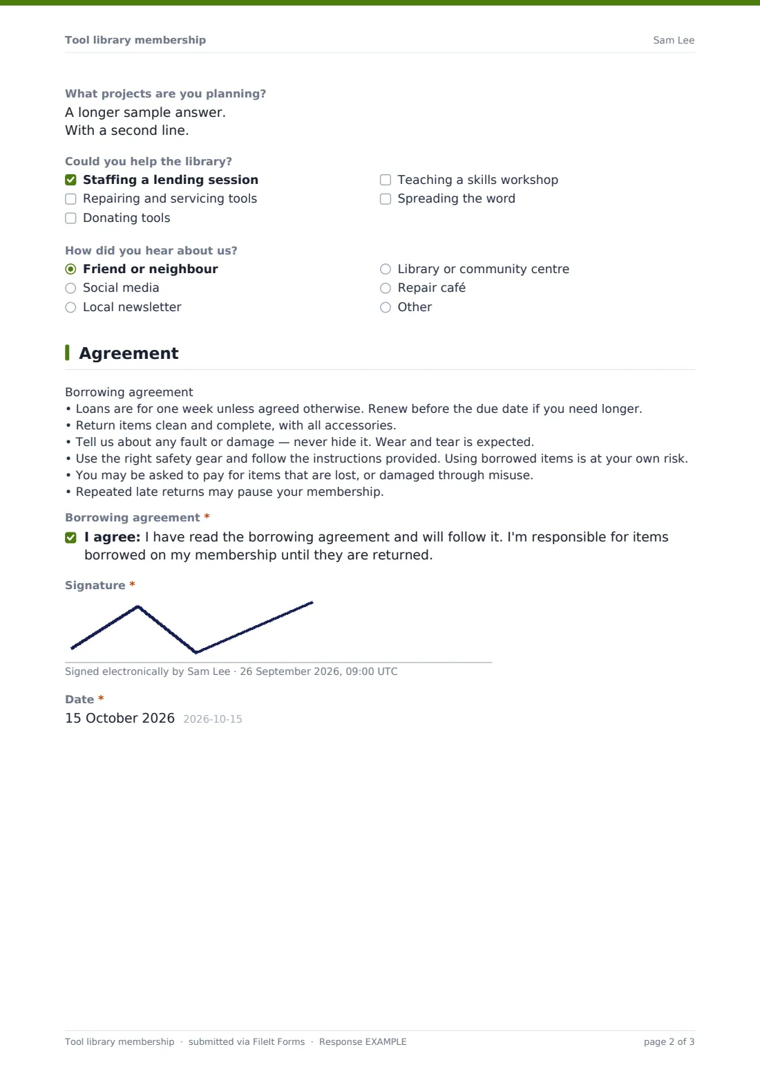 Tool library membership — example response PDF, page 2 of 3