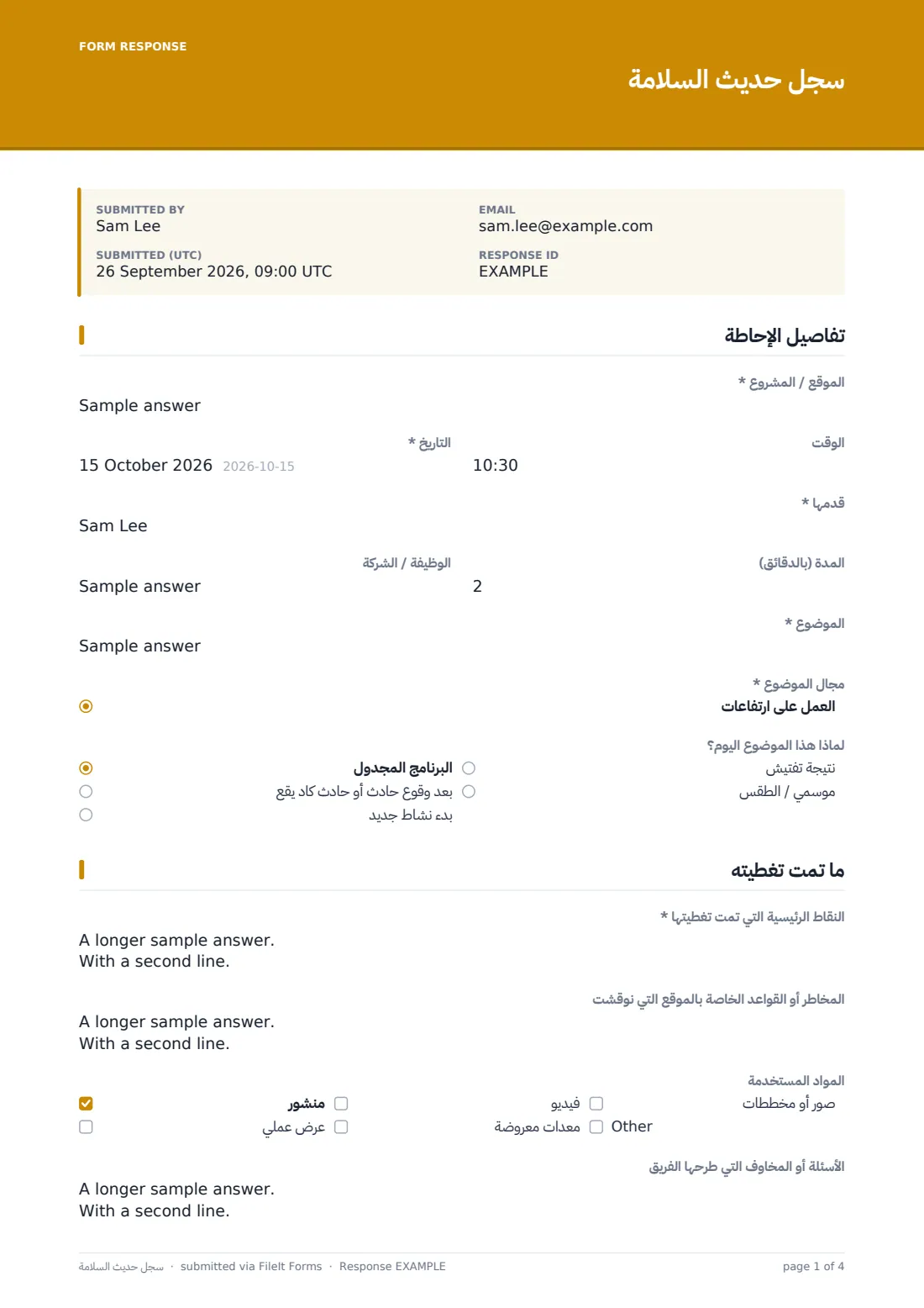 سجل حديث السلامة — ملف PDF لرد نموذجي، الصفحة 1 من 4