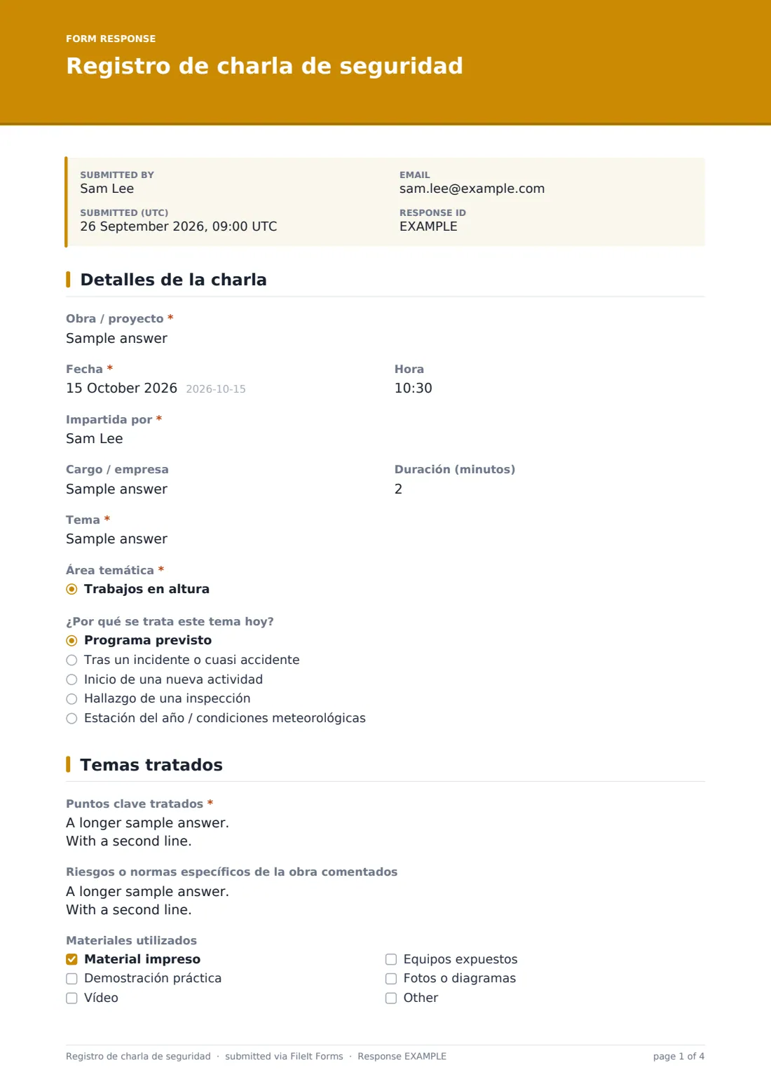 Registro de charla de seguridad — PDF de respuesta de ejemplo, página 1 de 4