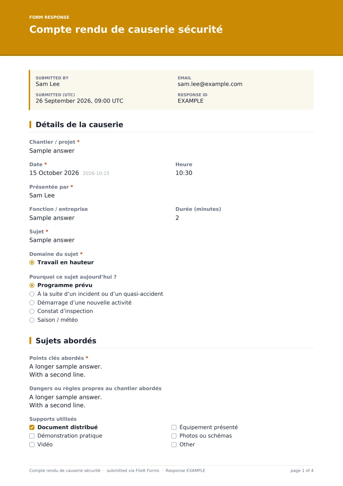 Compte rendu de causerie sécurité — exemple de réponse au format PDF, page 1 sur 4