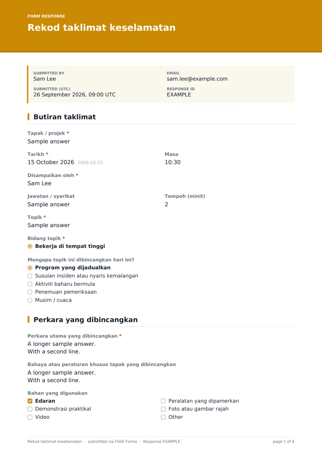 Rekod taklimat keselamatan — PDF respons contoh, halaman 1 daripada 4