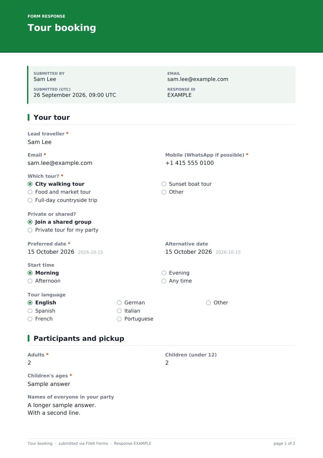 Tour booking — example response PDF, page 1 of 2