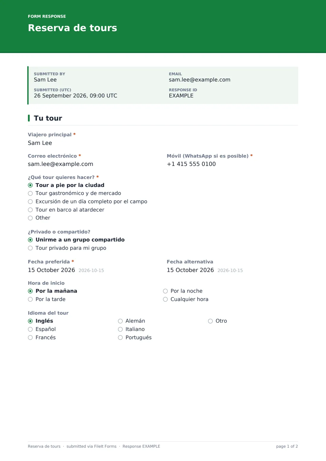 Reserva de tours — PDF de respuesta de ejemplo, página 1 de 2