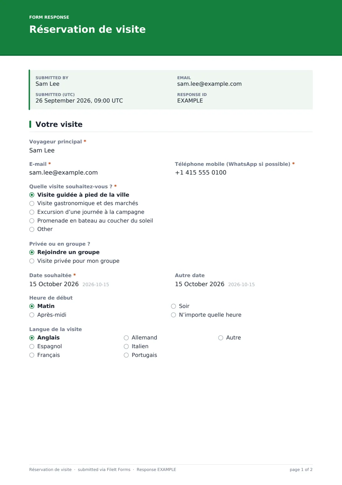 Réservation de visite — exemple de réponse au format PDF, page 1 sur 2