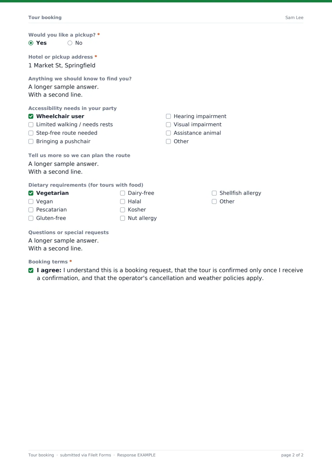 Tour booking — example response PDF, page 2 of 2