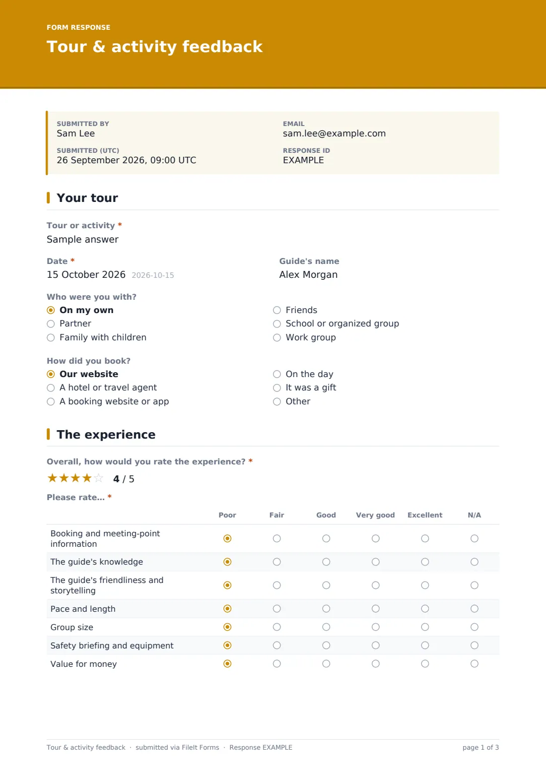 Tour & activity feedback — example response PDF, page 1 of 3