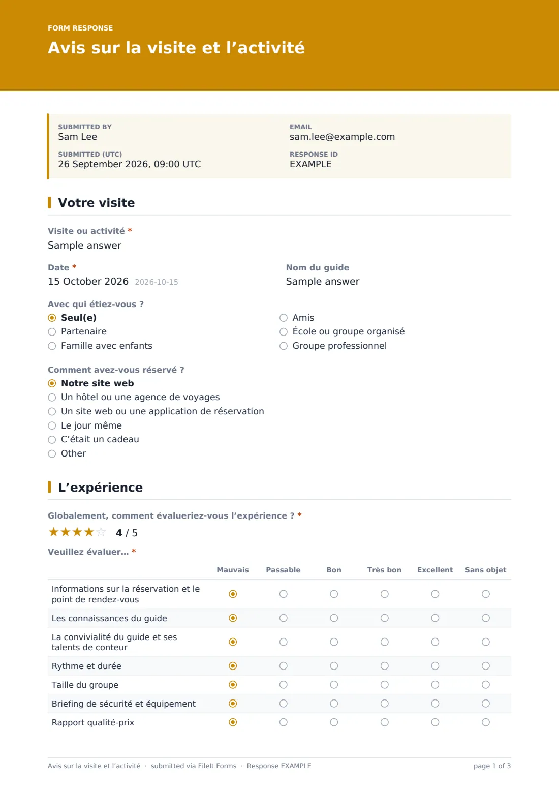Avis sur la visite et l’activité — exemple de réponse au format PDF, page 1 sur 3