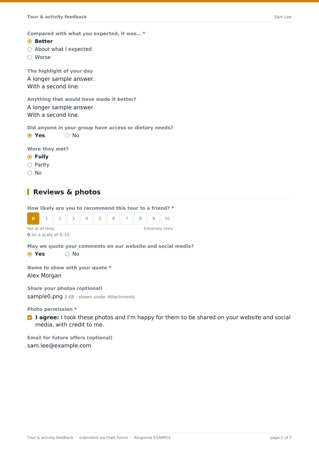 Tour & activity feedback — example response PDF, page 2 of 3