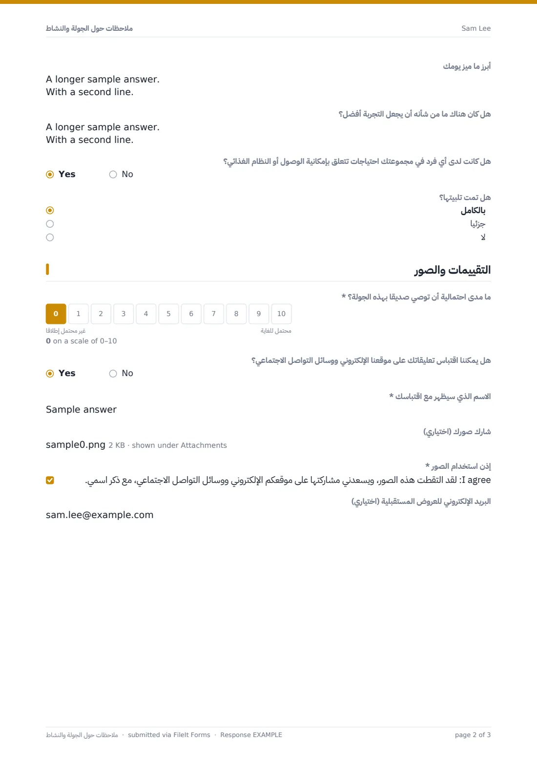 ملاحظات حول الجولة والنشاط — ملف PDF لرد نموذجي، الصفحة 2 من 3