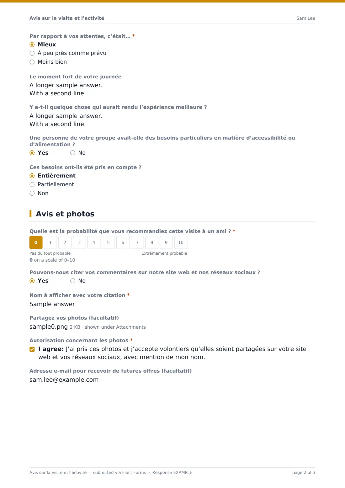 Avis sur la visite et l’activité — exemple de réponse au format PDF, page 2 sur 3