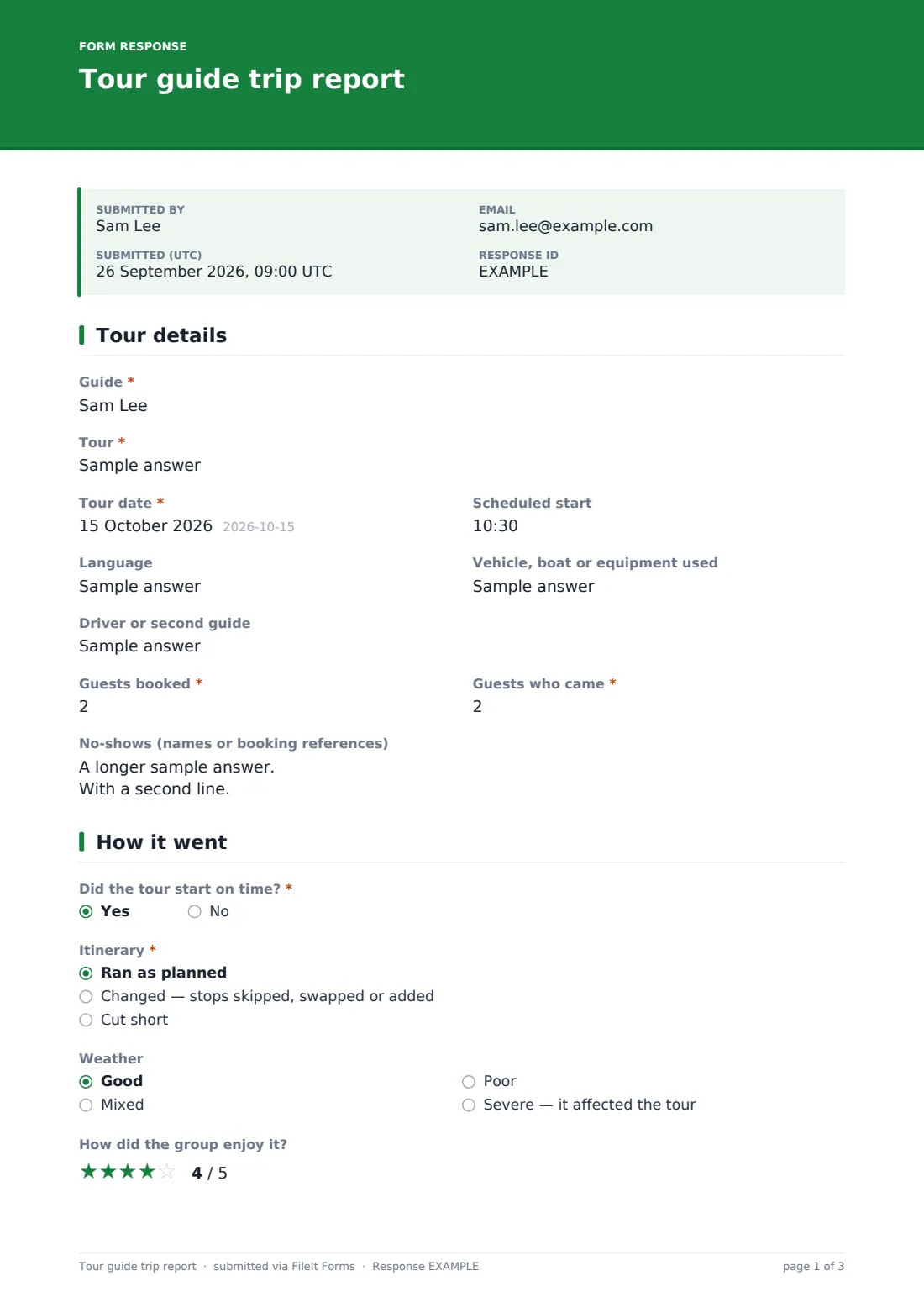 Tour guide trip report — example response PDF, page 1 of 3