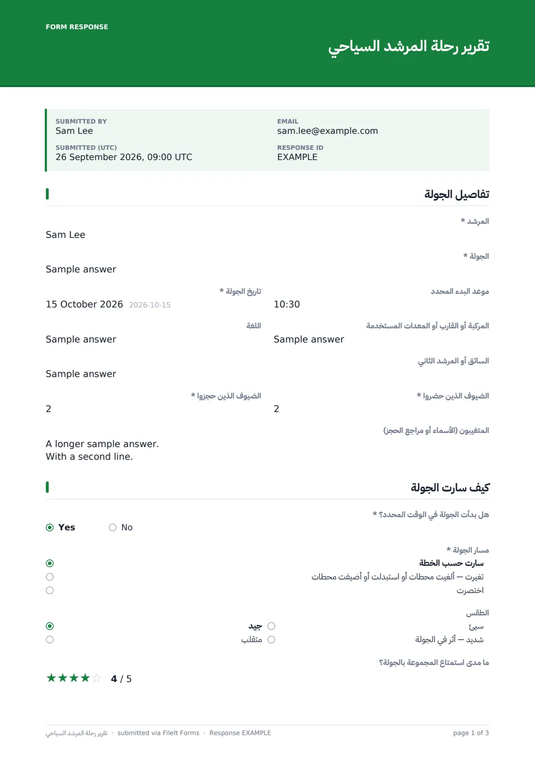 تقرير رحلة المرشد السياحي — ملف PDF لرد نموذجي، الصفحة 1 من 3