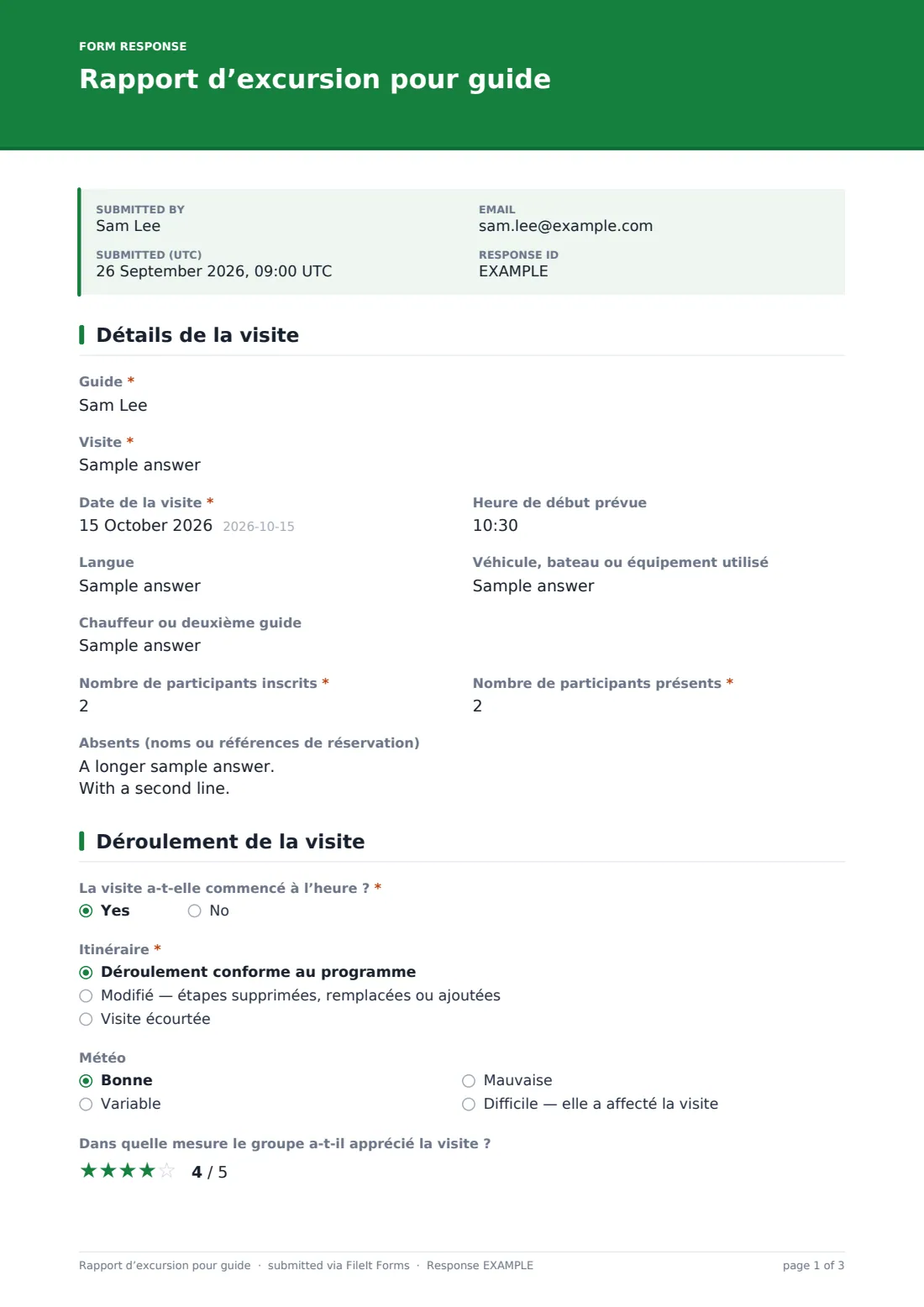 Rapport d’excursion pour guide — exemple de réponse au format PDF, page 1 sur 3
