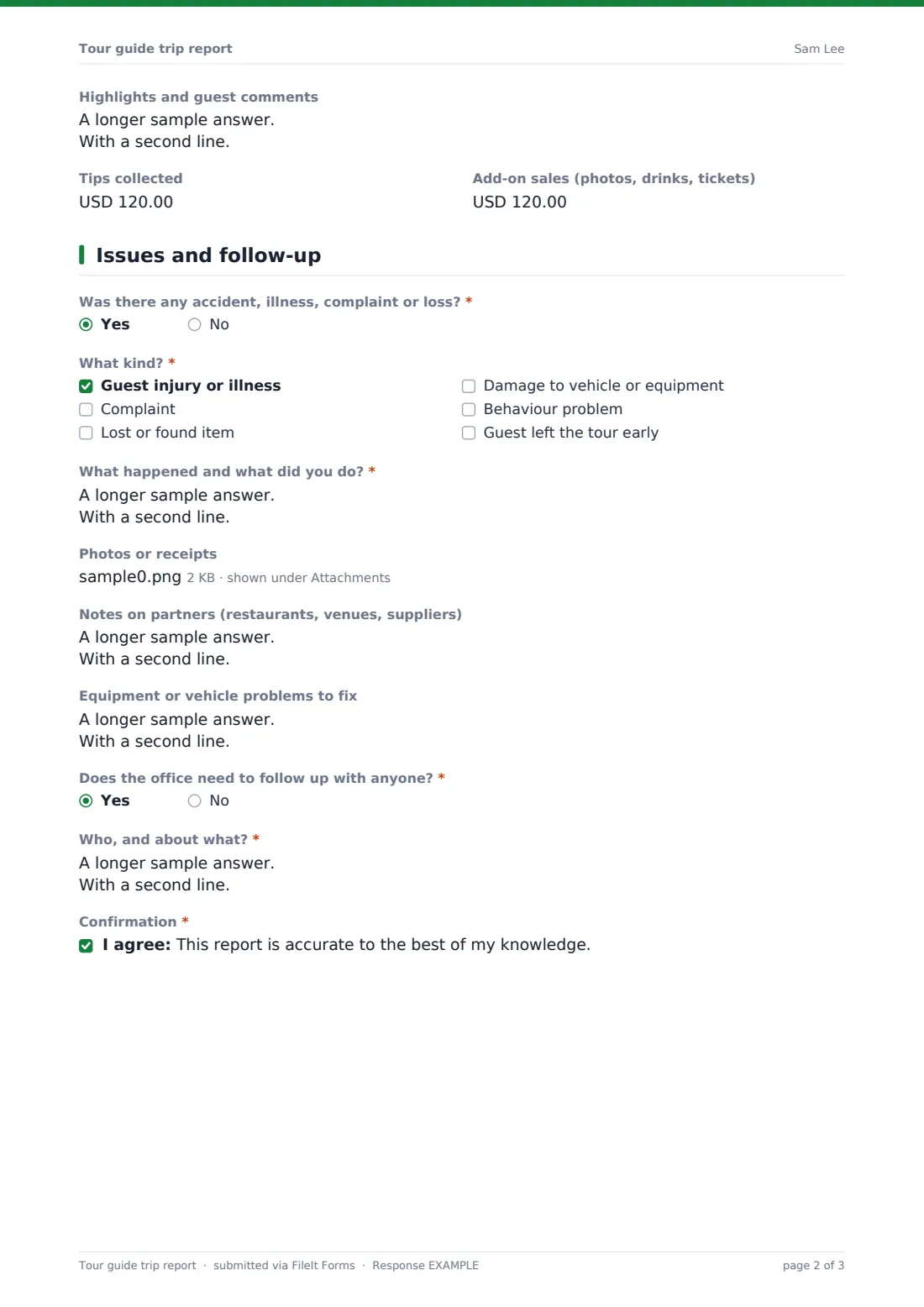 Tour guide trip report — example response PDF, page 2 of 3