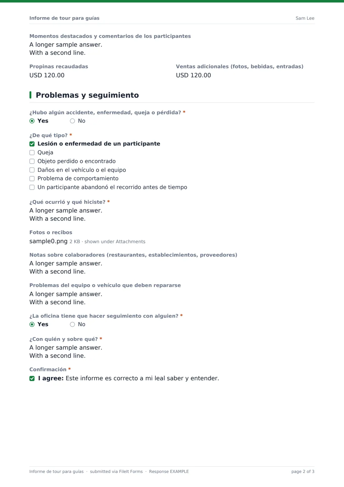 Informe de tour para guías — PDF de respuesta de ejemplo, página 2 de 3