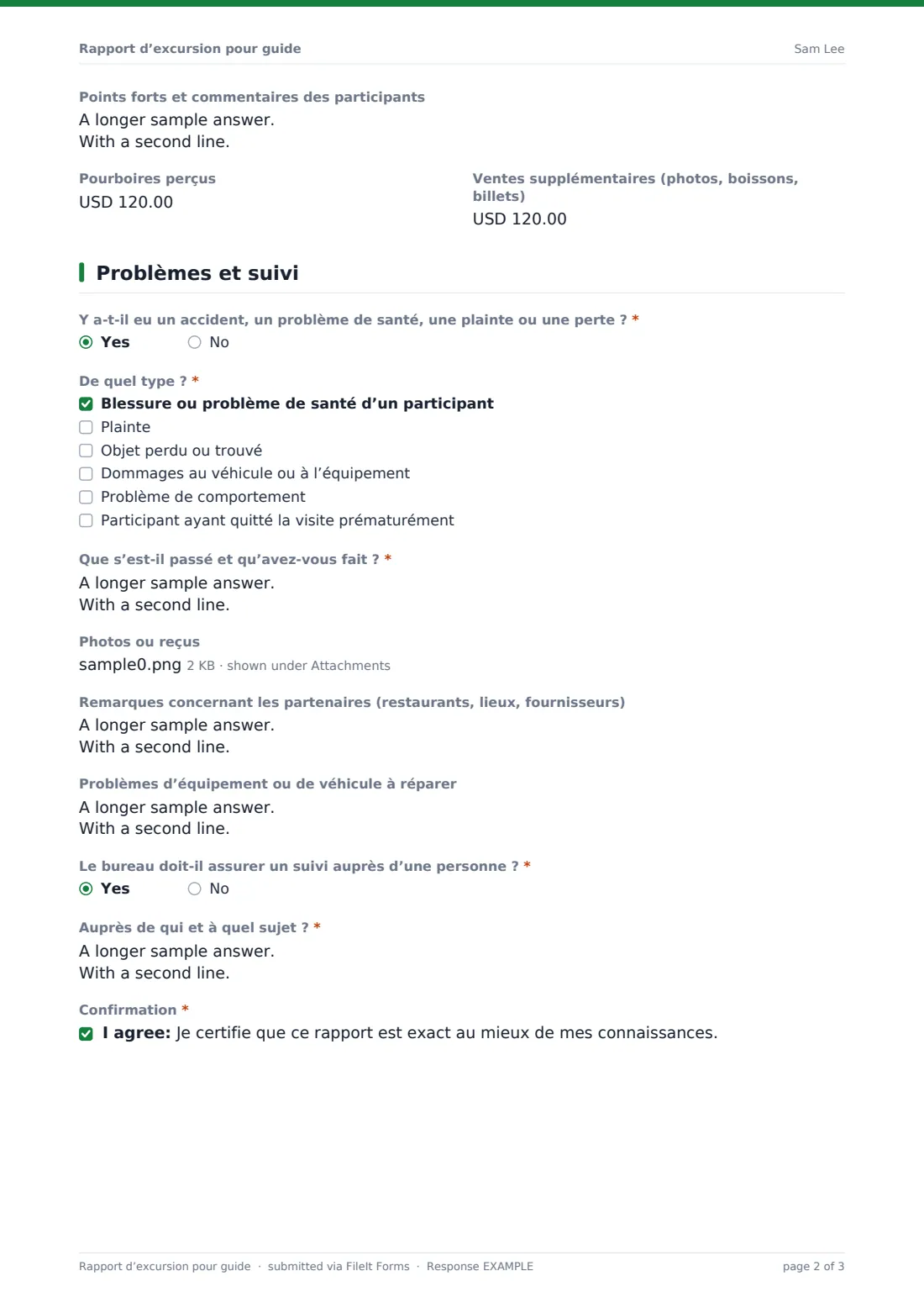 Rapport d’excursion pour guide — exemple de réponse au format PDF, page 2 sur 3