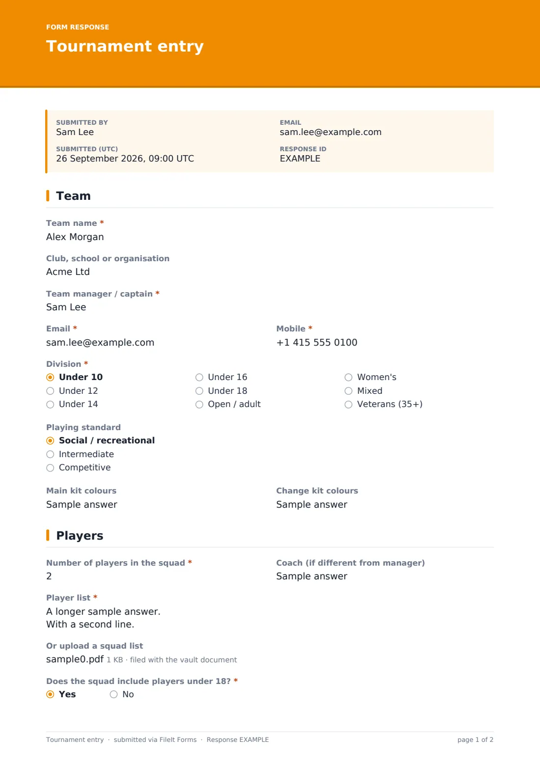 Tournament entry — example response PDF, page 1 of 2
