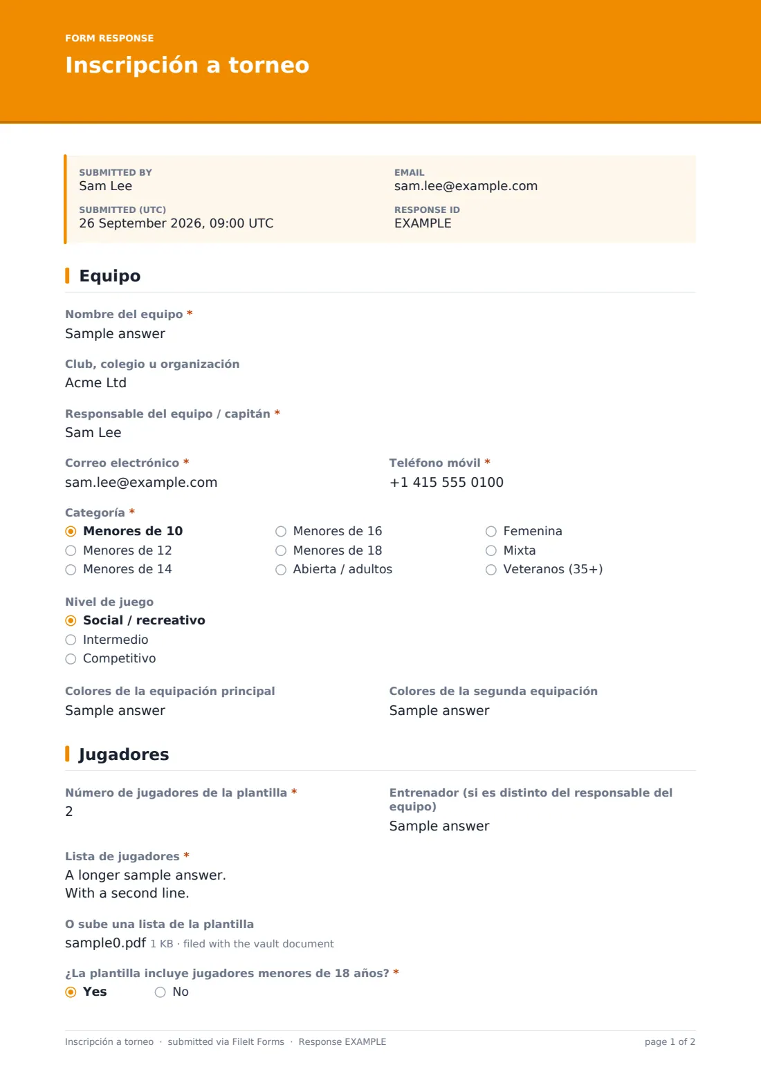 Inscripción a torneo — PDF de respuesta de ejemplo, página 1 de 2