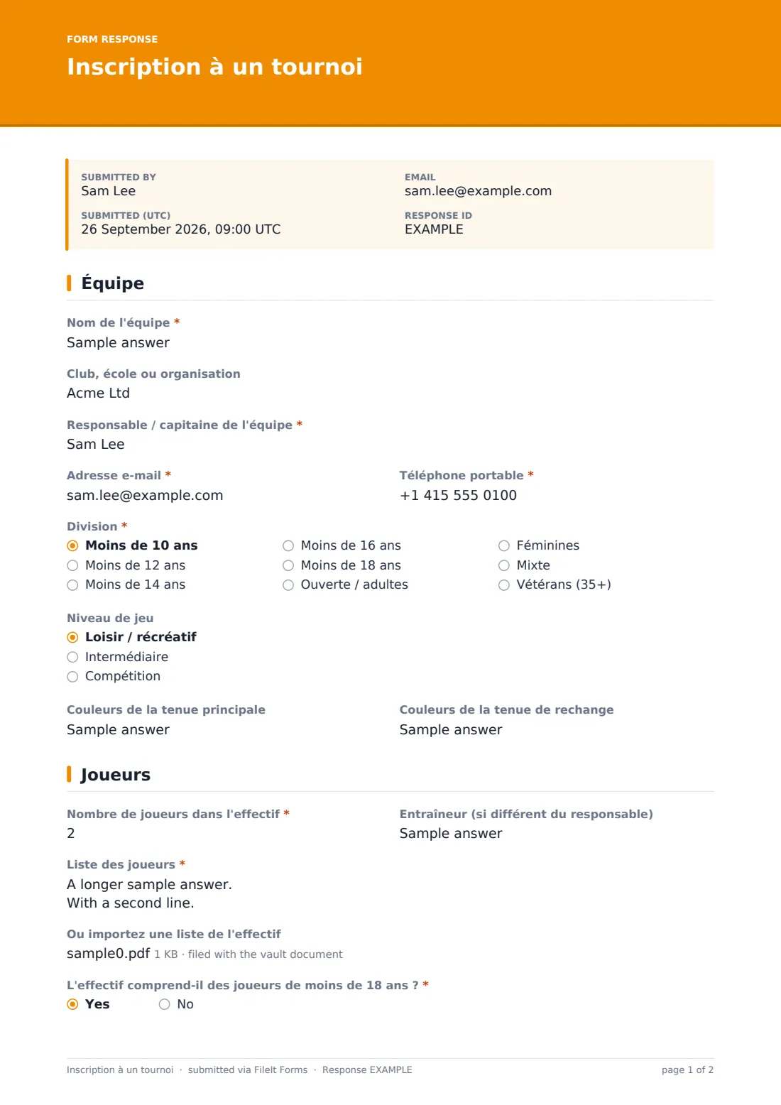 Inscription à un tournoi — exemple de réponse au format PDF, page 1 sur 2