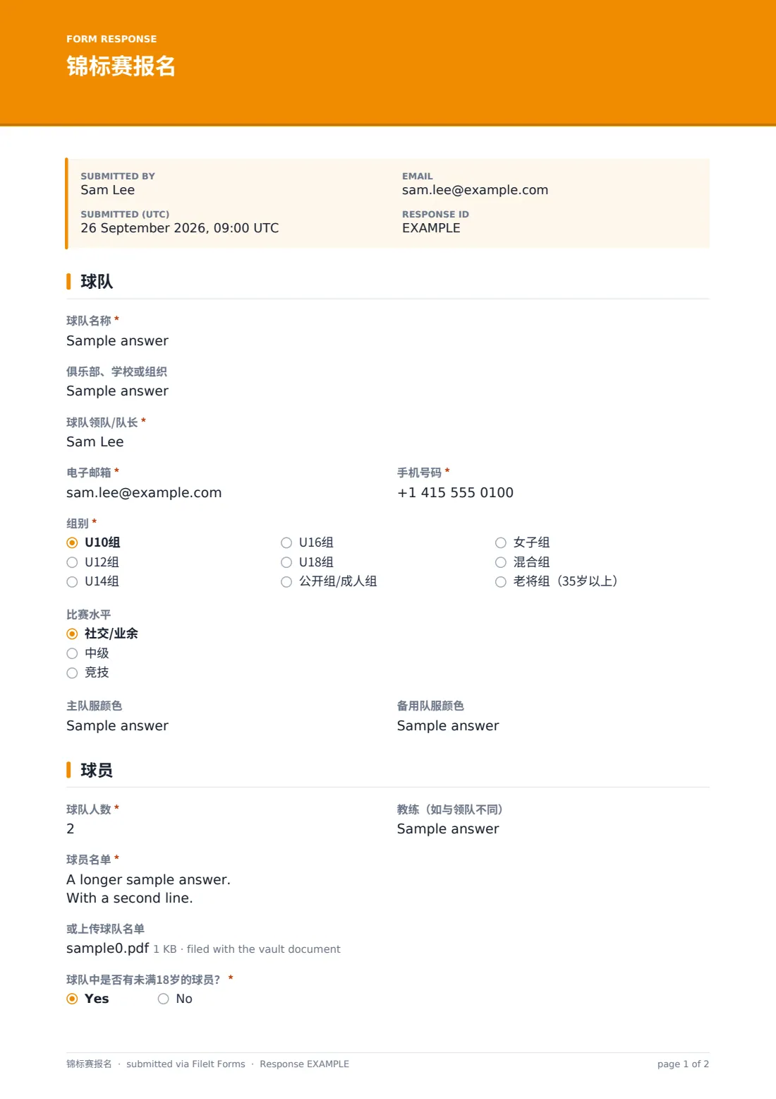 锦标赛报名 — 示例回复 PDF，第 1 页，共 2 页