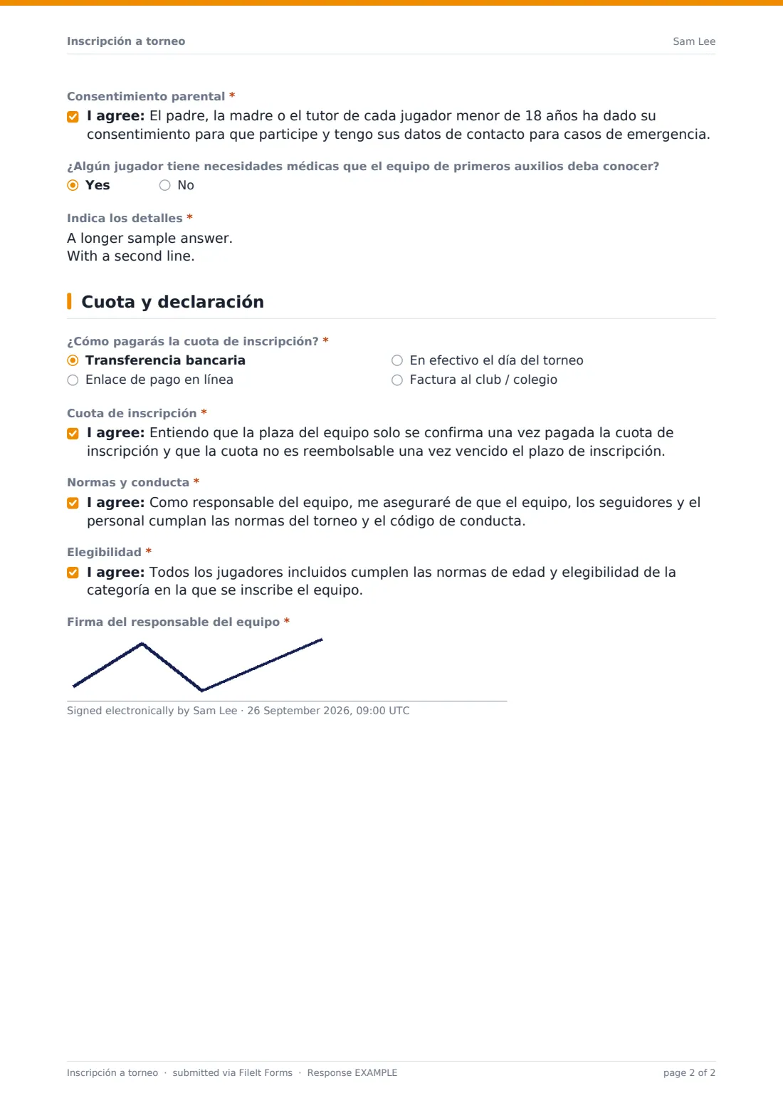 Inscripción a torneo — PDF de respuesta de ejemplo, página 2 de 2