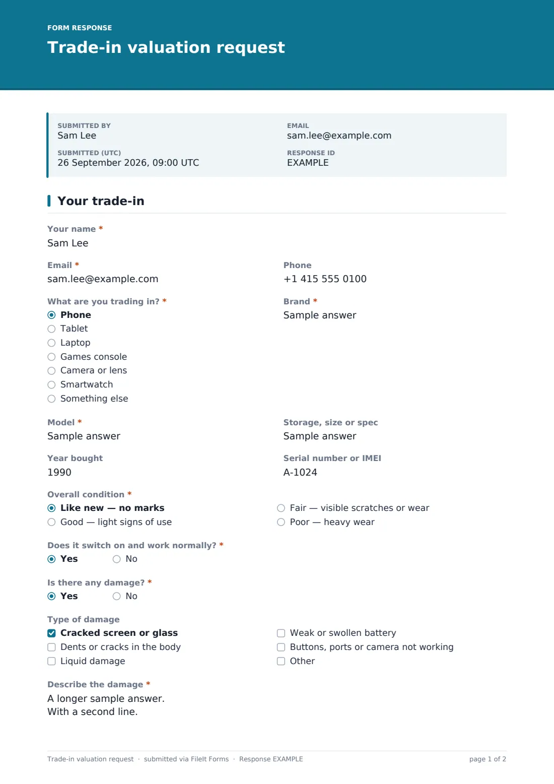 Trade-in valuation request — example response PDF, page 1 of 2