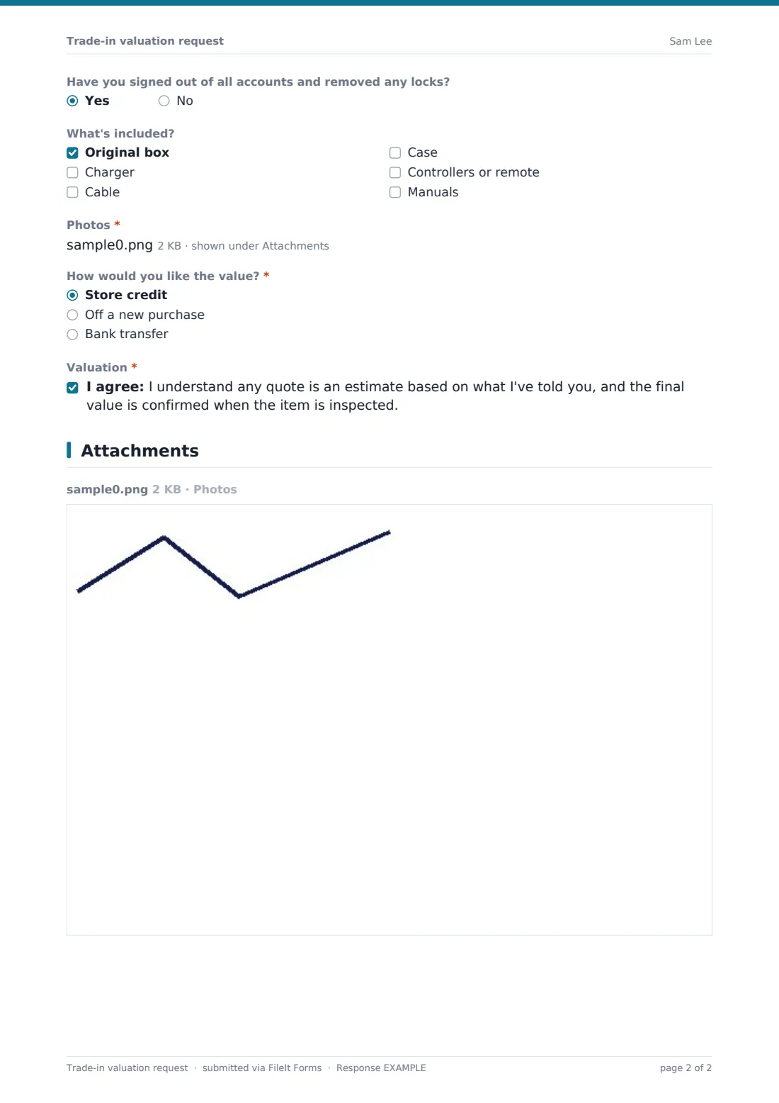 Trade-in valuation request — example response PDF, page 2 of 2