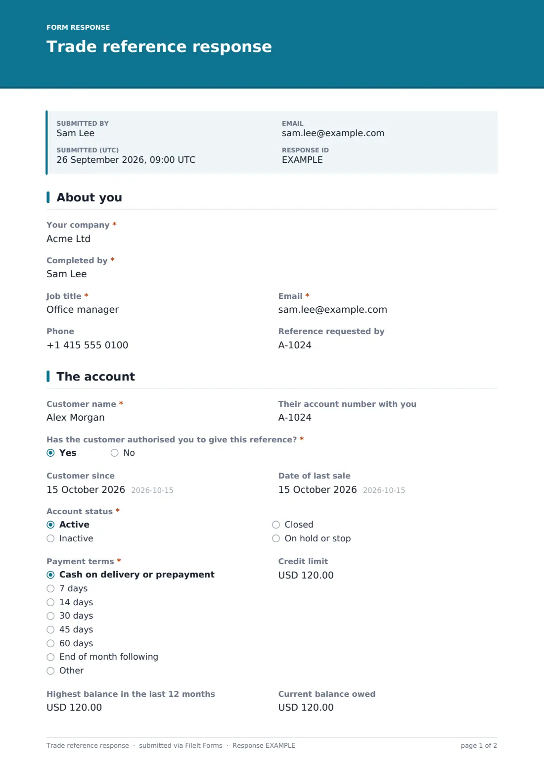 Trade reference response — example response PDF, page 1 of 2