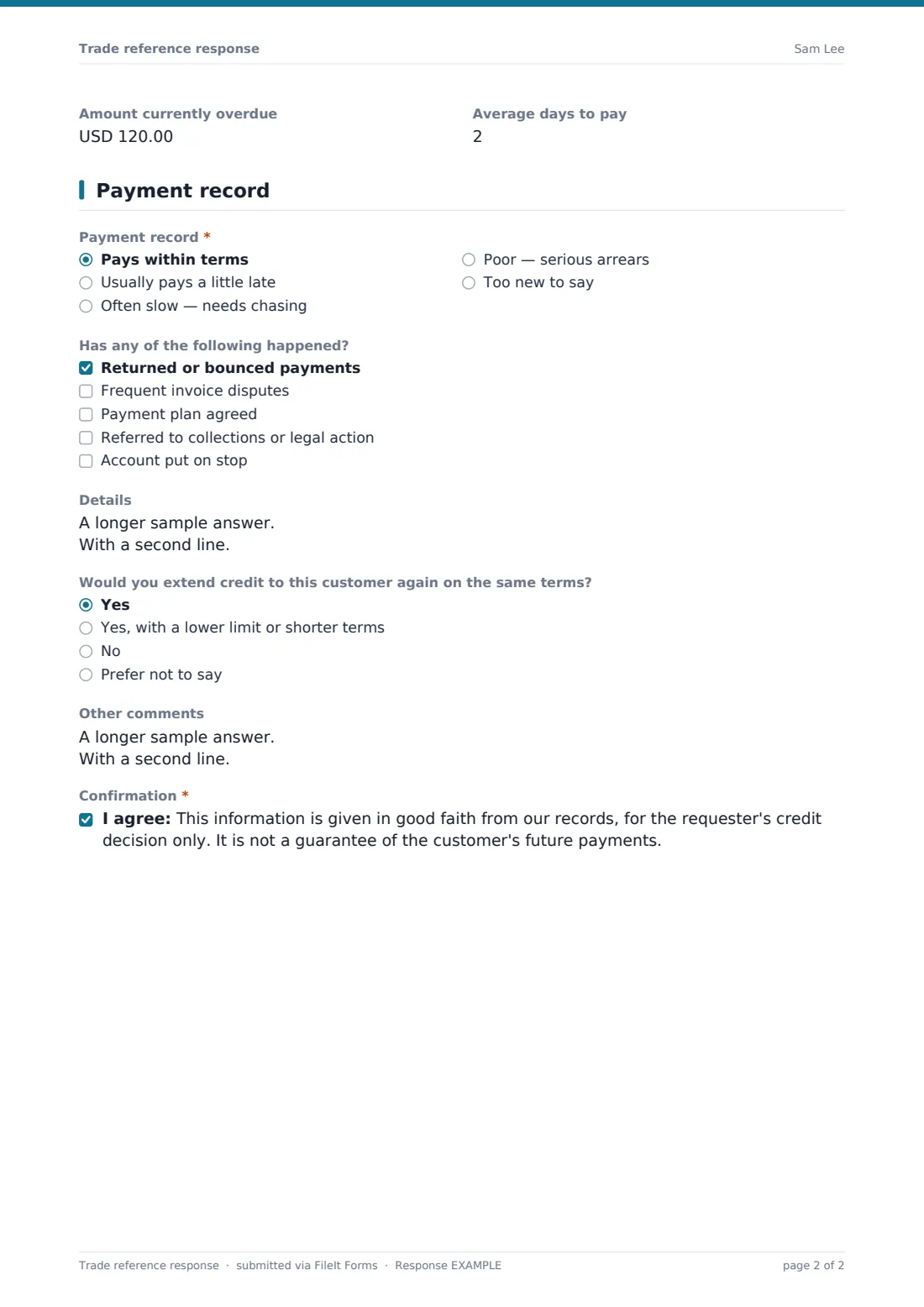 Trade reference response — example response PDF, page 2 of 2