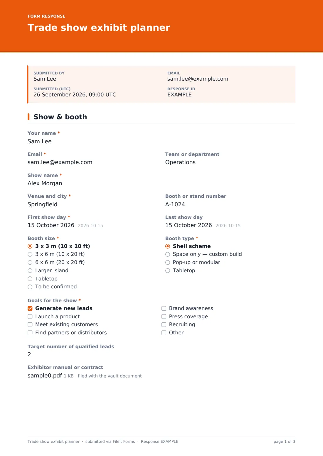 Trade show exhibit planner — example response PDF, page 1 of 3