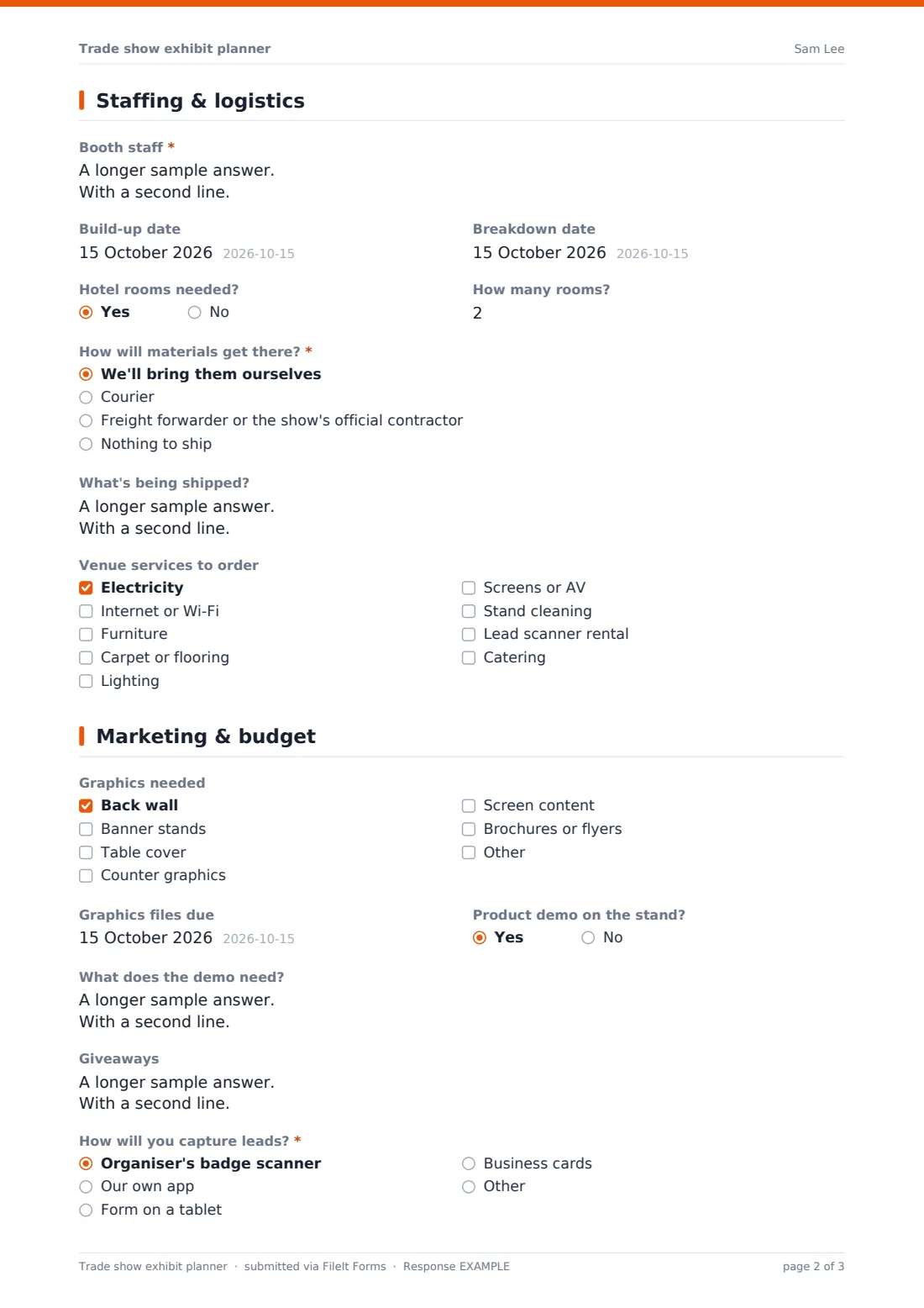 Trade show exhibit planner — example response PDF, page 2 of 3