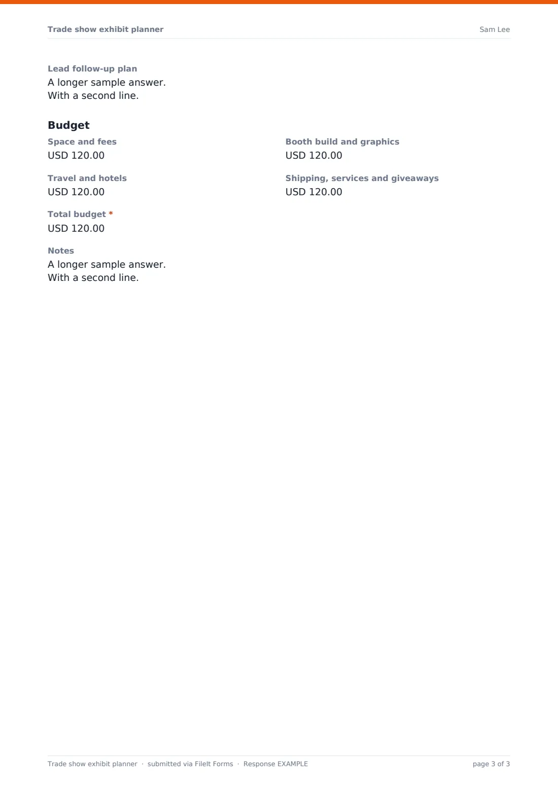 Trade show exhibit planner — example response PDF, page 3 of 3