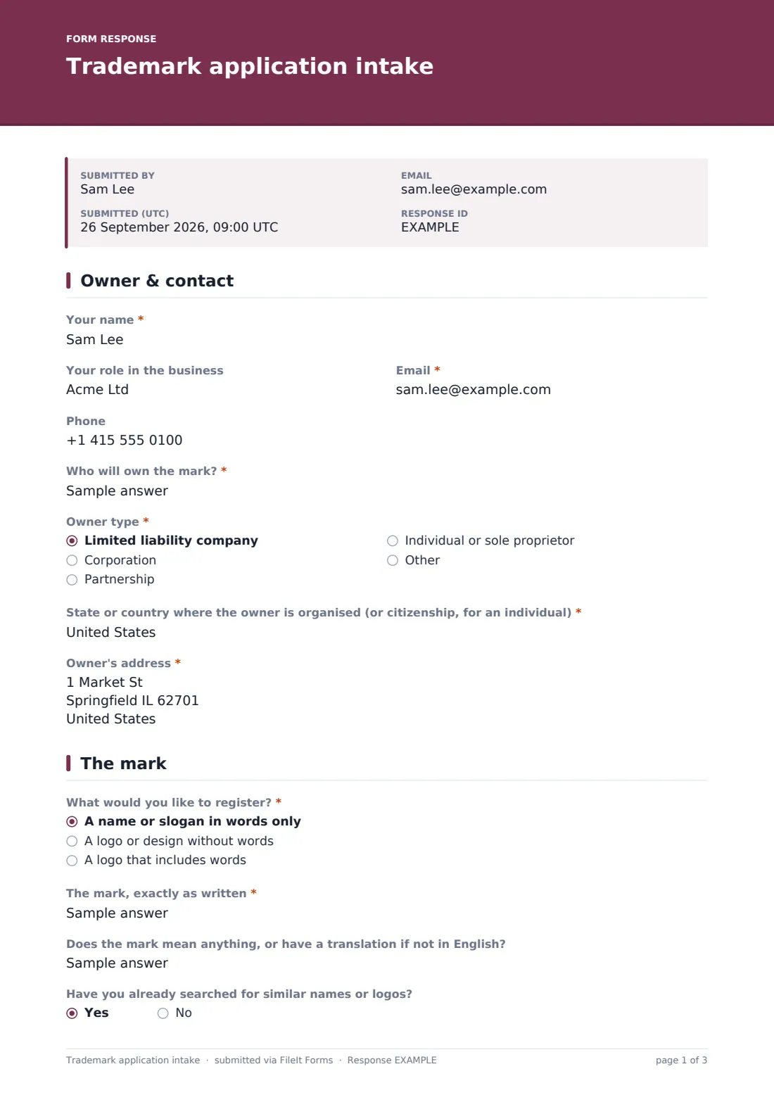 Trademark application intake — example response PDF, page 1 of 3