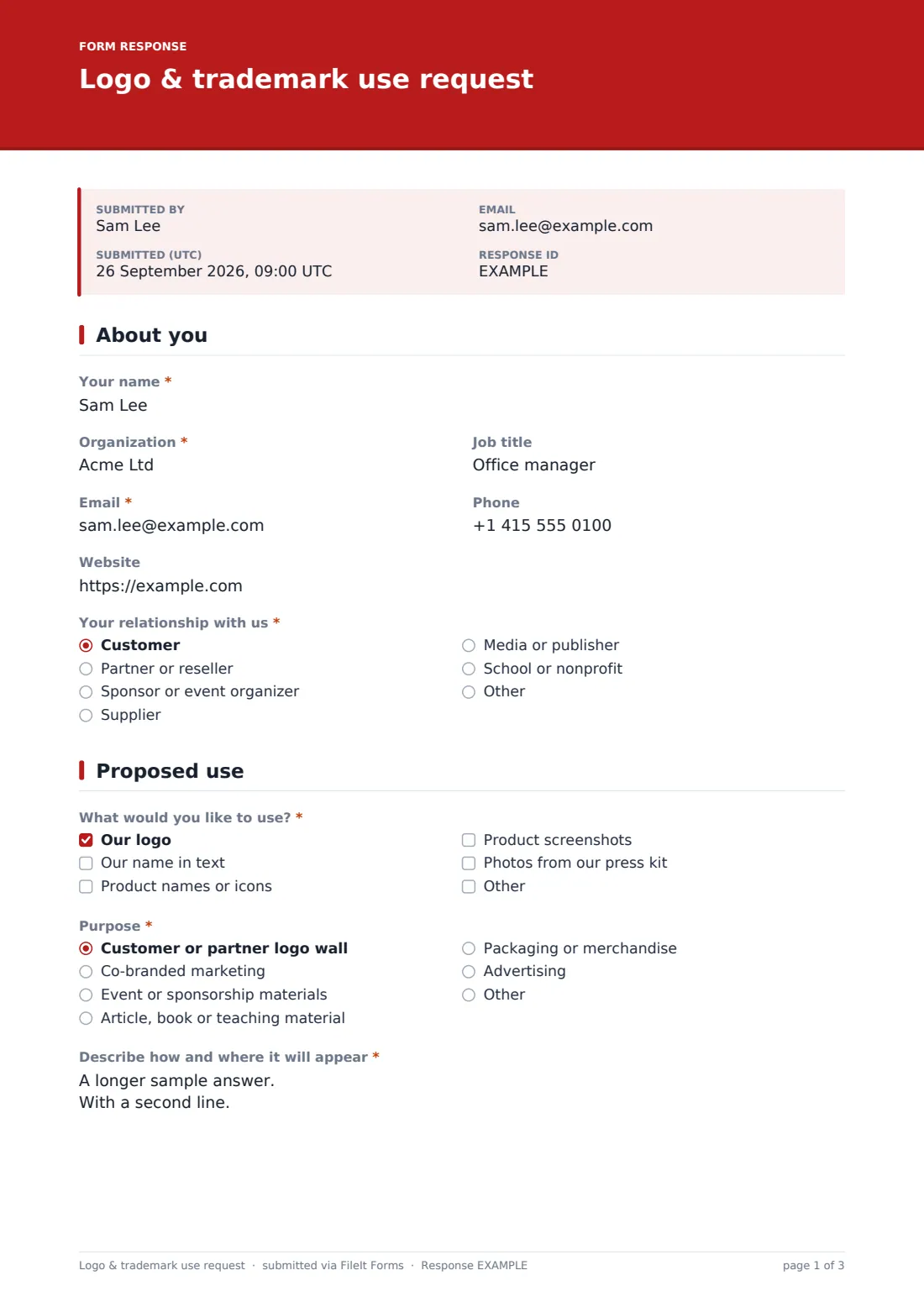 Logo & trademark use request — example response PDF, page 1 of 3