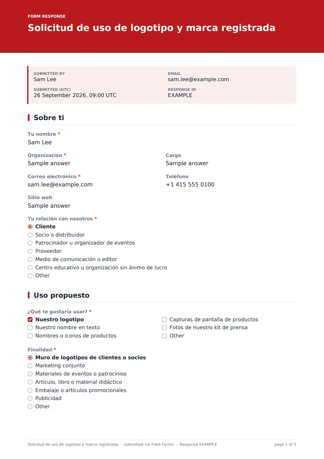 Solicitud de uso de logotipo y marca registrada — PDF de respuesta de ejemplo, página 1 de 3