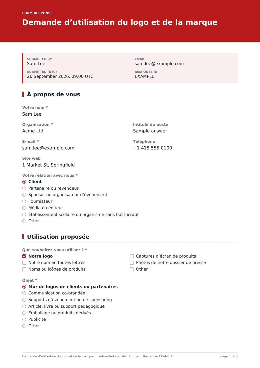 Demande d’utilisation du logo et de la marque — exemple de réponse au format PDF, page 1 sur 3