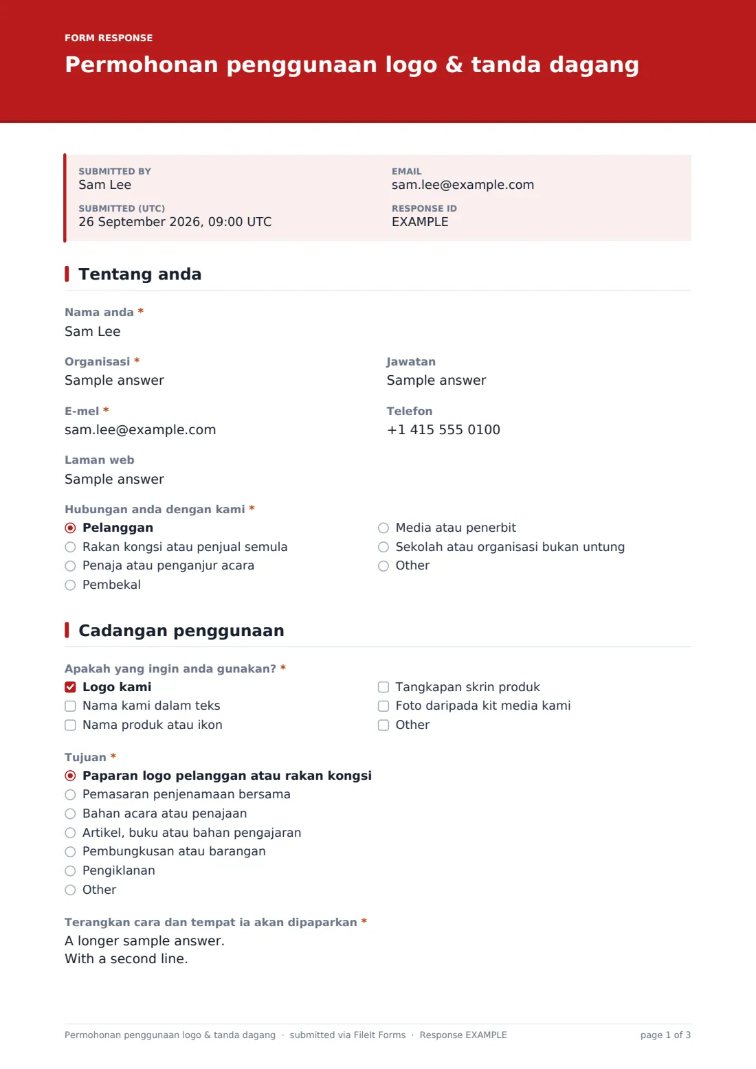 Permohonan penggunaan logo & tanda dagang — PDF respons contoh, halaman 1 daripada 3