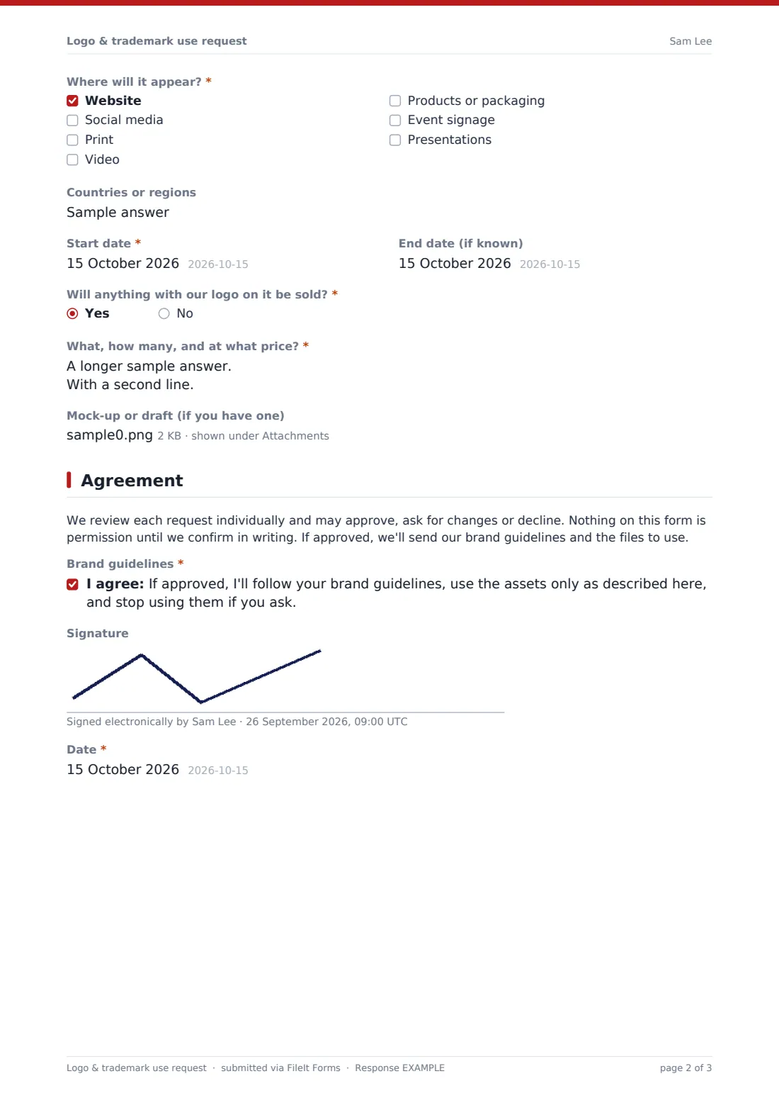 Logo & trademark use request — example response PDF, page 2 of 3